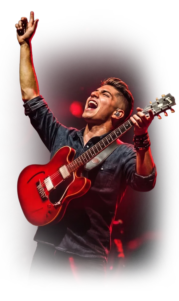 Guitarrista de Music Planet en concierto con guitarra eléctrica roja